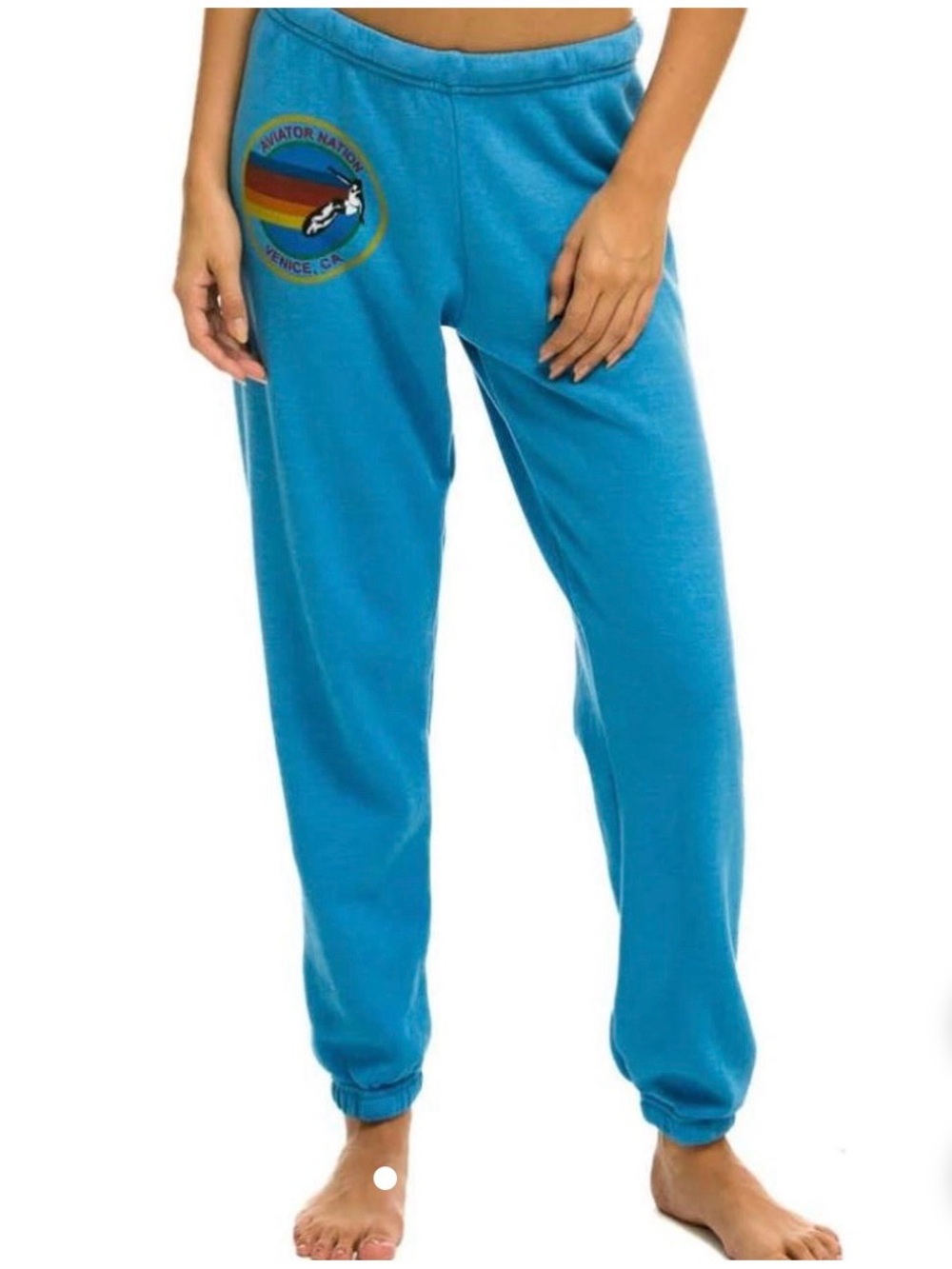 Aviator Nation Blue Jogger Sweatpants with Rainbow Side Print logo